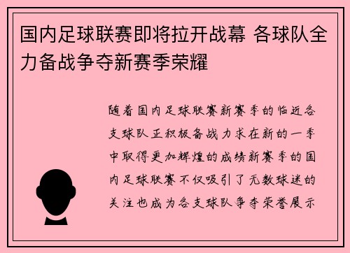 国内足球联赛即将拉开战幕 各球队全力备战争夺新赛季荣耀