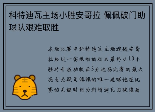 科特迪瓦主场小胜安哥拉 佩佩破门助球队艰难取胜
