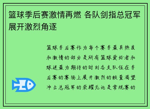 篮球季后赛激情再燃 各队剑指总冠军展开激烈角逐