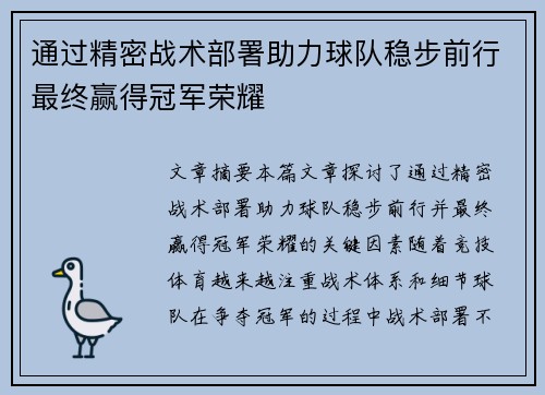 通过精密战术部署助力球队稳步前行最终赢得冠军荣耀